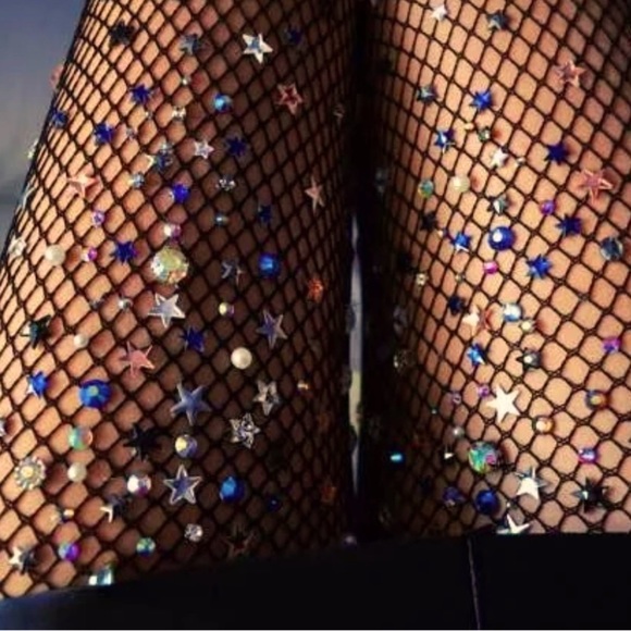 𝅺FISHNET STOCKINGS W/COLORFUL RHINESTONES STARS BEADS FLORAL EMBELLISHMENTS - Picture 2 of 5